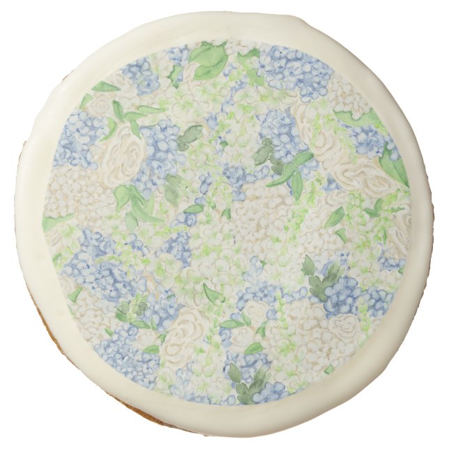 Watercolor Blue and White Hydrangea Sugar Cookie (Front)