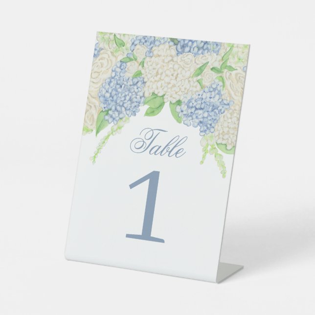 Watercolor Blue and White Hydrangea Wedding Pedestal Sign (Front)