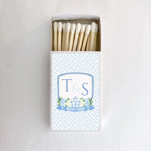 Watercolor Blue And White Monogram Wedding Crest Matchboxes