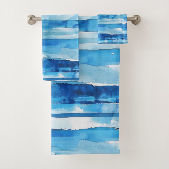 Watercolor Blue and White Striped Bath Towel Set (Insitu)