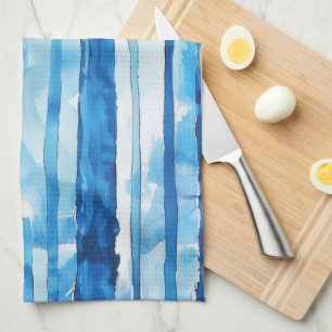 Watercolor Blue and White Striped Kitchen Towel