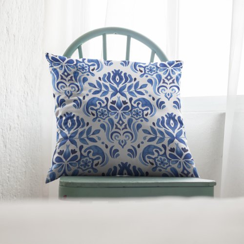 Watercolor Blue and White Tiles Pattern Throw Pillow