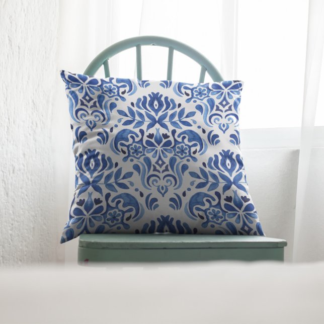 Watercolor Blue and White Tiles Pattern Throw Pillow (Creator Uploaded)