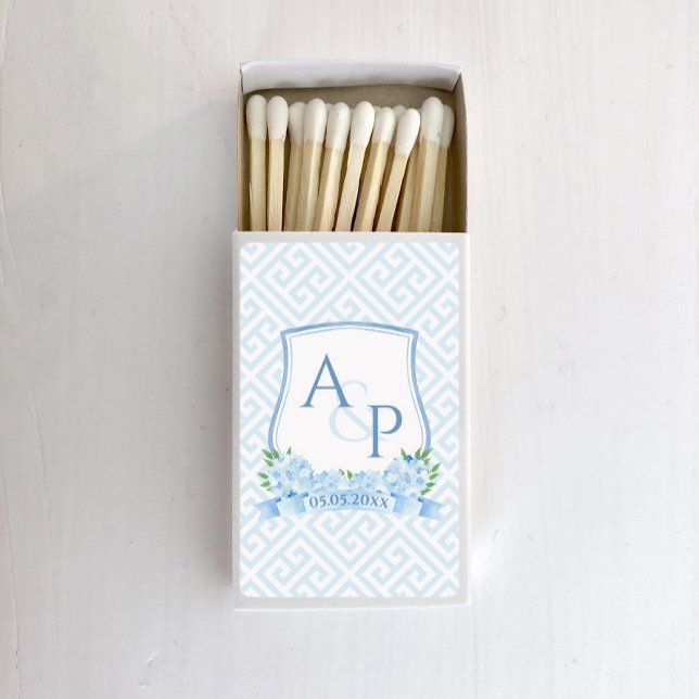 Watercolor Blue And White Wedding Crest Matchboxes (Elegant hand painted watercolor hydrangea blue and white watercolor wedding crest matches)
