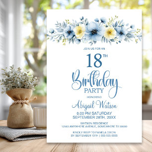Watercolor Blue and Yellow Floral 18th Birthday Invitation