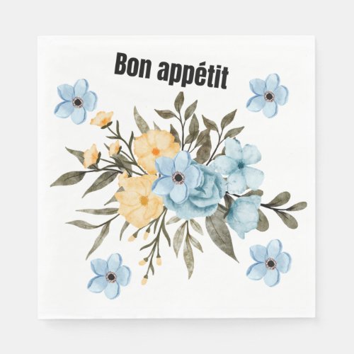 Watercolor Blue and Yellow Floral Bon Appétit Pape Napkins