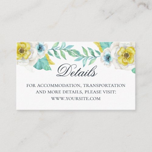 Watercolor blue and yellow floral wedding details enclosure card