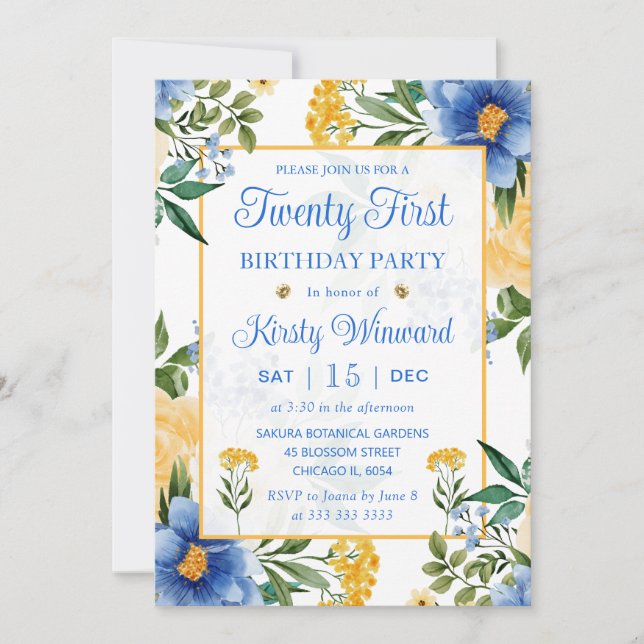 Watercolor Blue and Yellow Flowers 21st Birthday Invitation (Front)