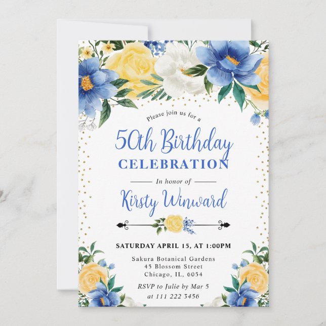 Watercolor Blue and Yellow Flowers 50th Birthday Invitation (Front)