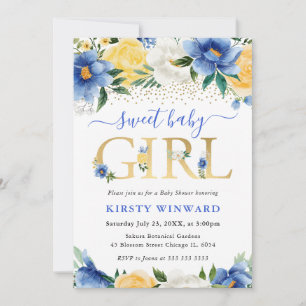 Watercolor Blue and Yellow Flowers Baby Shower Invitation