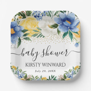 Watercolor Blue and Yellow Flowers Baby Shower Paper Plates