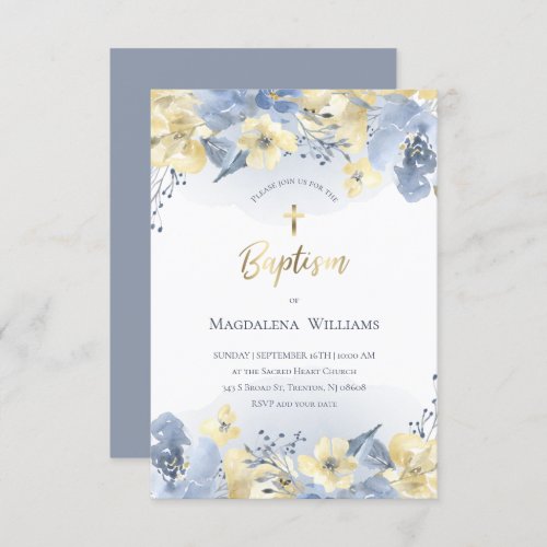 watercolor blue and yellow flowers  Baptism Invitation