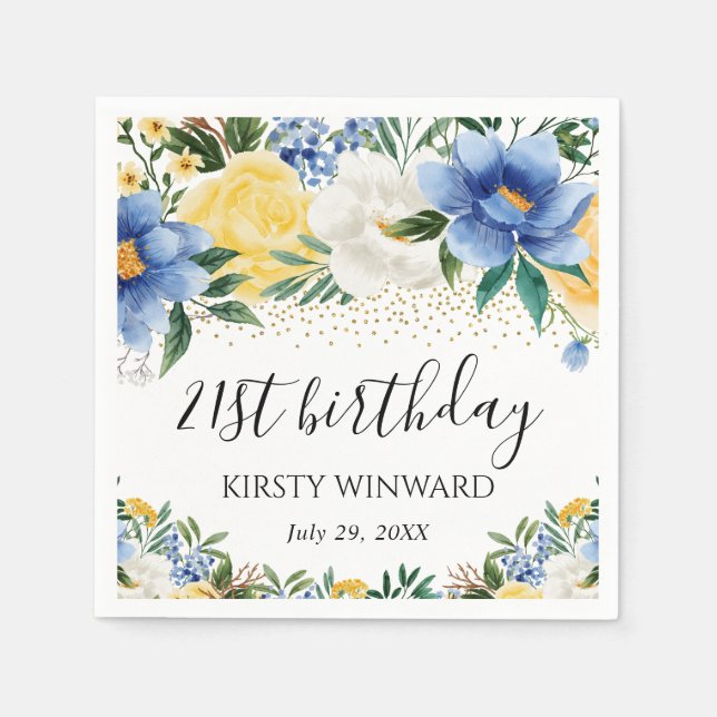 Watercolor Blue and Yellow Flowers Birthday Napkins (Front)