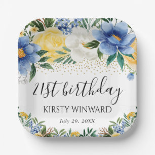 Watercolor Blue and Yellow Flowers Birthday Paper Plates