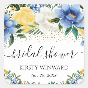 Watercolor Blue and Yellow Flowers Bridal Shower Square Sticker