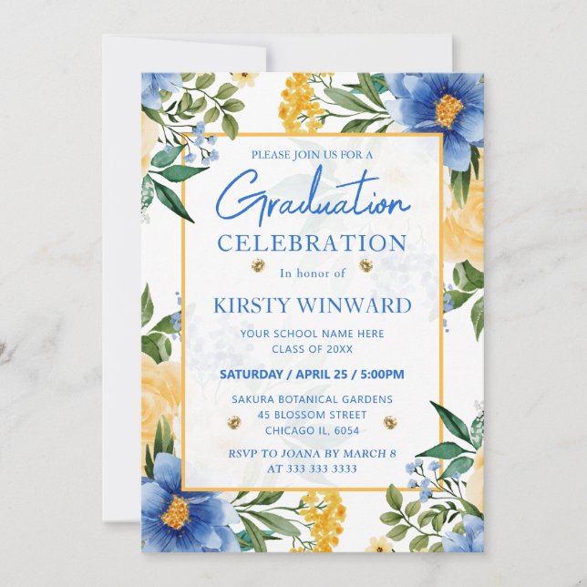 Watercolor Blue and Yellow Flowers Graduation Invitation (Front)