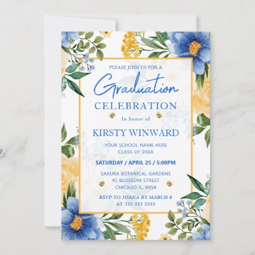 Watercolor Blue and Yellow Flowers Graduation Invitation