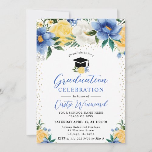Watercolor Blue and Yellow Flowers Graduation Invitation
