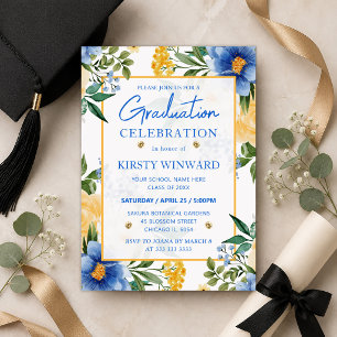 Watercolor Blue and Yellow Flowers Graduation Invitation