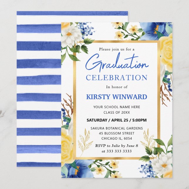 Watercolor Blue and Yellow Flowers Graduation Invitation (Front/Back)