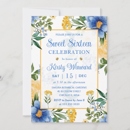 Watercolor Blue and Yellow Flowers Sweet Sixteen Invitation