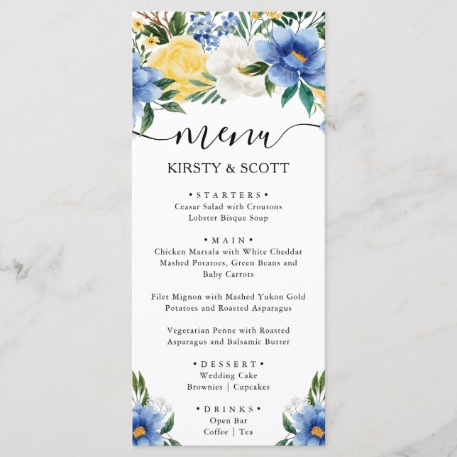 Watercolor Blue and Yellow Flowers Wedding Menu (Front)