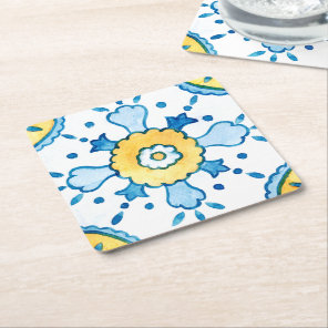 Watercolor Blue and Yellow Moroccan Tile Pattern Square Paper Coaster