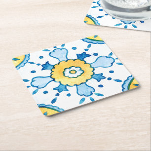 Watercolor Blue and Yellow Moroccan Tile Pattern Square Paper Coaster