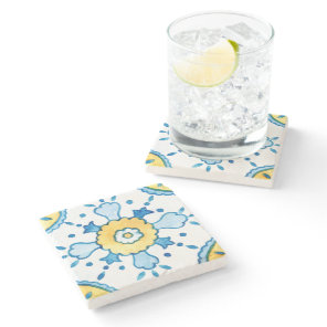Watercolor Blue and Yellow Moroccan Tile Pattern Stone Coaster