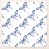 Watercolor blue Aqua Purple butterfly Square Paper Coaster