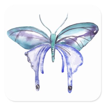 Watercolor blue Aqua Purple butterfly Square Sticker