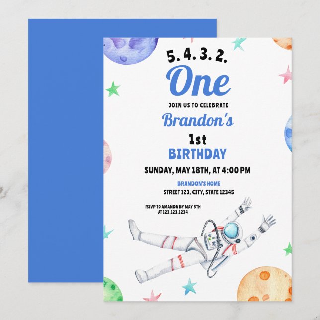 Watercolor Blue Astronaut Baby 1st Birthday Invitation (Front/Back)