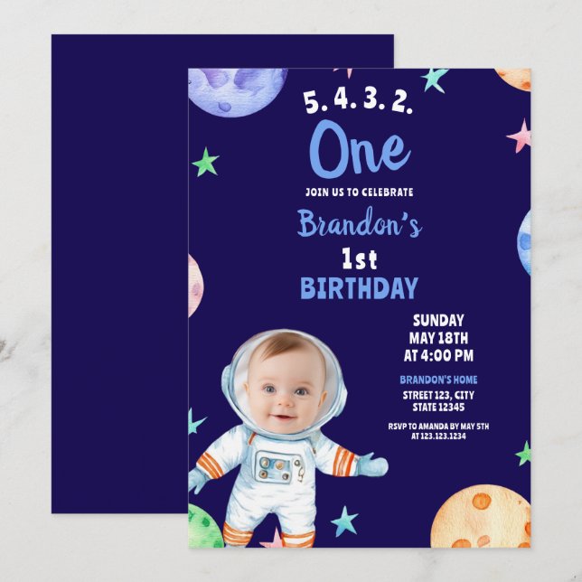 Watercolor Blue Astronaut Baby Photo 1st Birthday Invitation (Front/Back)
