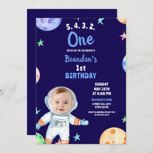 Watercolor Blue Astronaut Baby Photo 1st Birthday Invitation