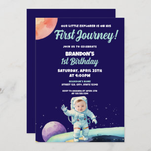 Watercolor Blue Astronaut Space Photo 1st Birthday Invitation