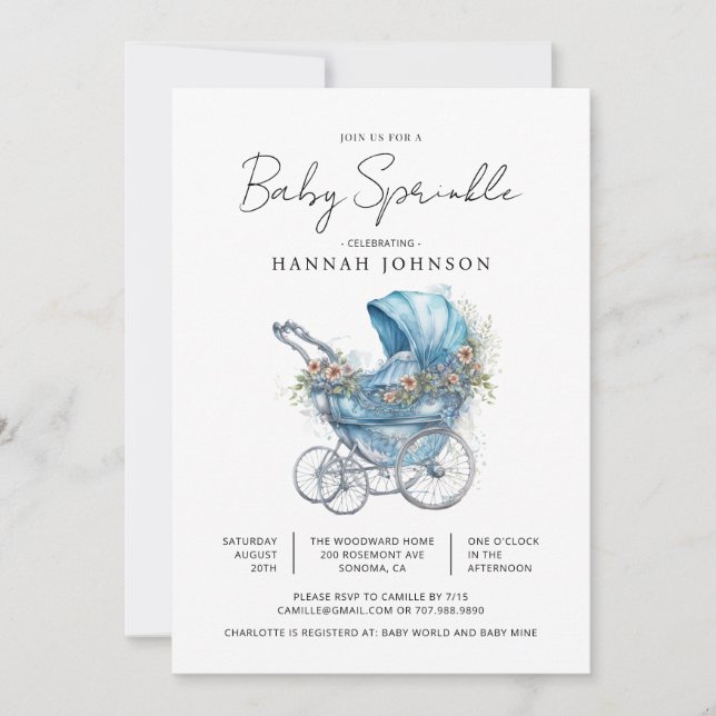Watercolor Blue Baby Carriage It's a Boy Sprinkle Invitation (Front)