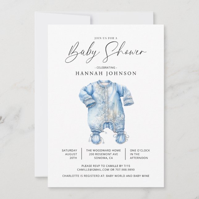 Watercolor Blue Baby Clothes Boy Shower Invitation (Front)
