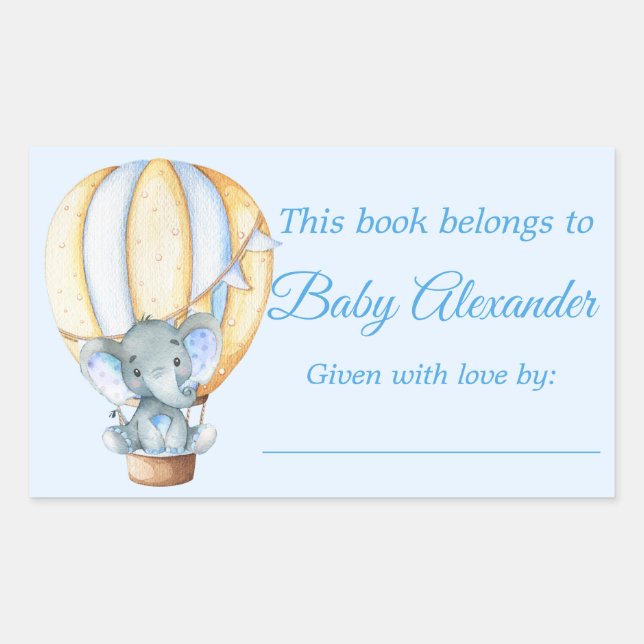 Watercolor Blue Baby Elephant Bookplate Labels (Front)