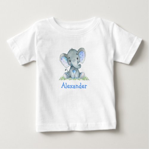 Watercolor Blue Baby Elephant on Greenery Baby T_Shirt