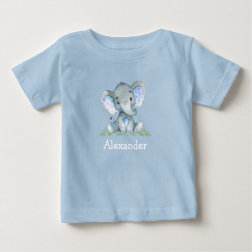 Watercolor Blue Baby Elephant on Greenery Blue Baby T_Shirt