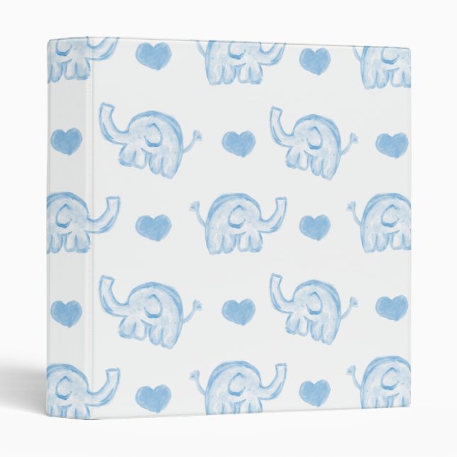 watercolor blue baby elephants and hearts 3 ring binder (Front/Spine)