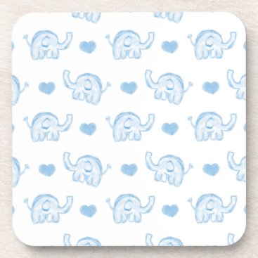 watercolor blue baby elephants and hearts beverage coaster