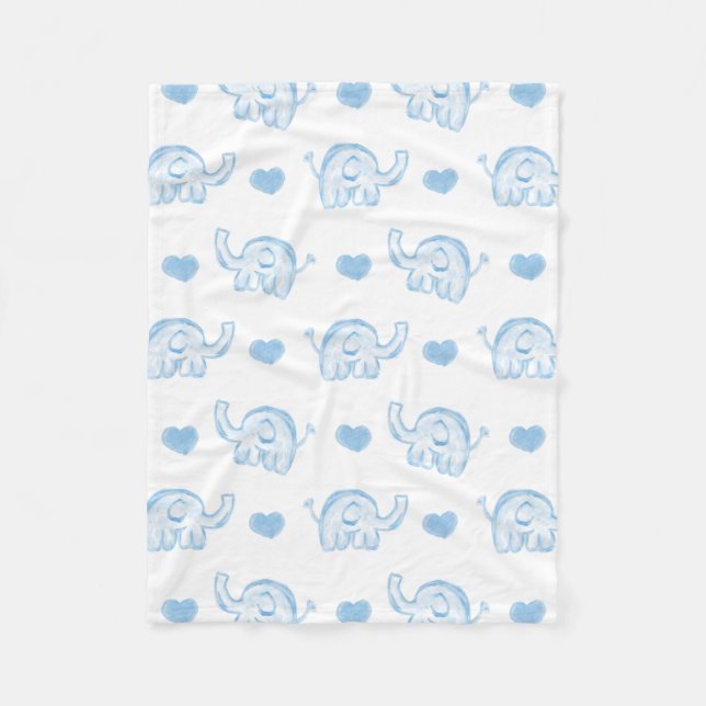 watercolor blue baby elephants and hearts fleece blanket (Front)