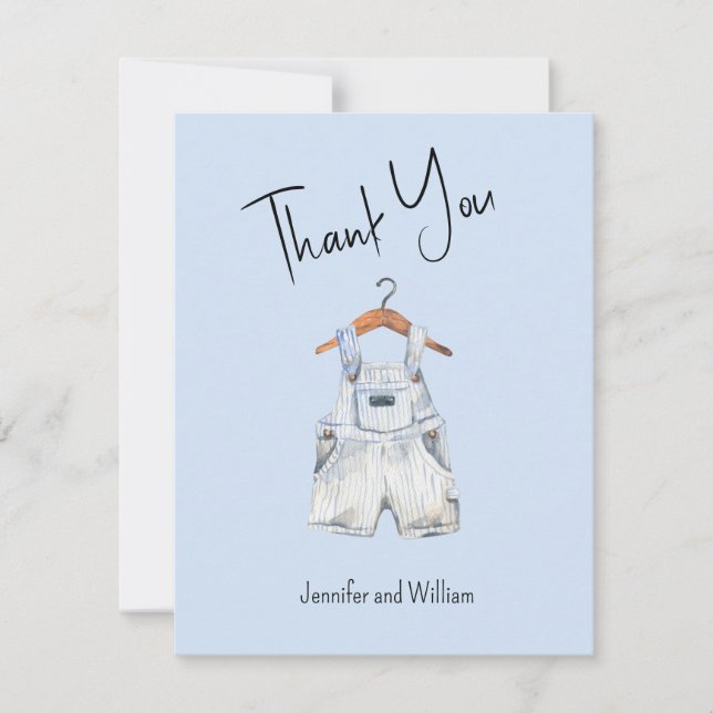 Watercolor Blue Baby Overalls Baby Shower Thank You Card (Front)