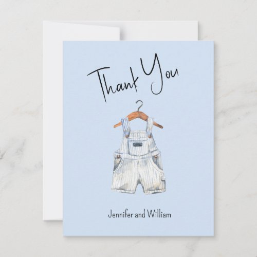 Watercolor Blue Baby Overalls Baby Shower Thank You Card