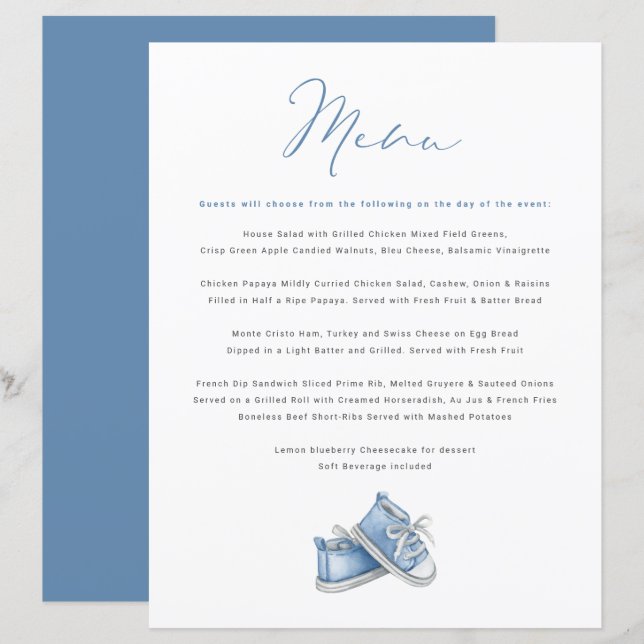 Watercolor Blue Baby Shoes Baby Shower Menu (Front/Back)