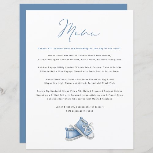 Watercolor Blue Baby Shoes Baby Shower Menu