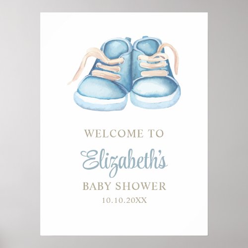 Watercolor Blue Baby Shoes Baby Shower  Poster