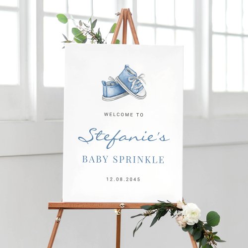 Watercolor Blue Baby Shoes Baby Sprinkle Welcome Poster