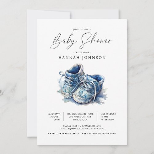 Watercolor Blue Baby Shoes Boy Baby Shower  Invitation